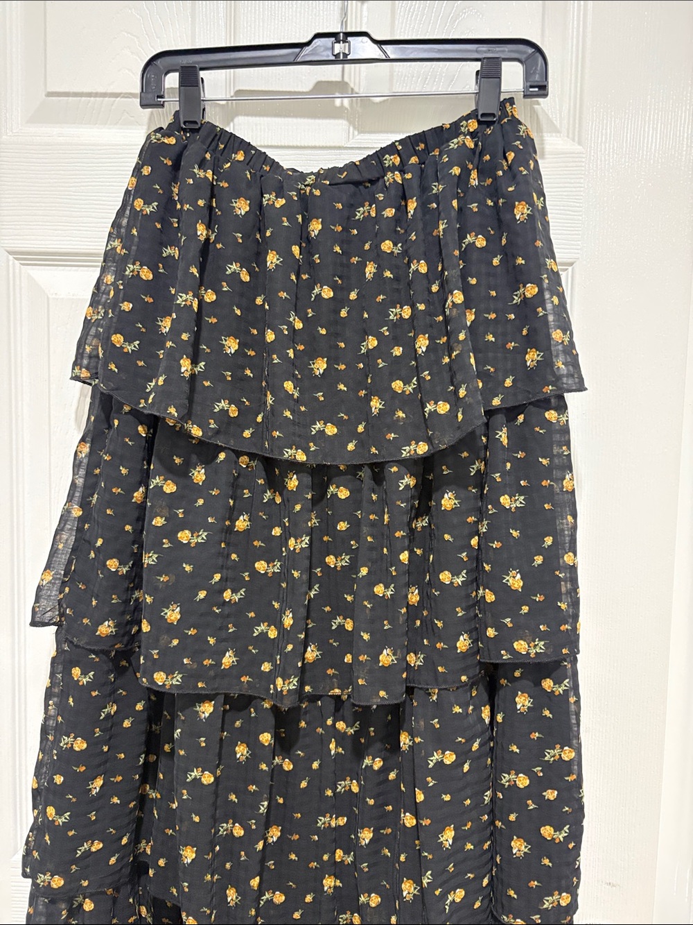 Black Tiered Maxi Skirt with Yellow Floral Print - Picture 3 of 3